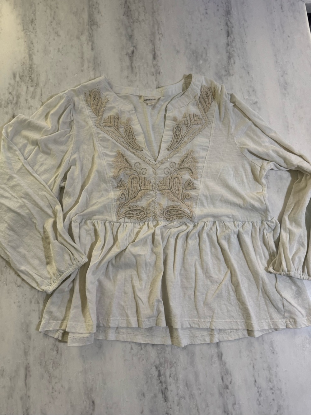 Lucky Brand Cream Gold Embroidered Western Boho Chic Flowy Peasant Top L